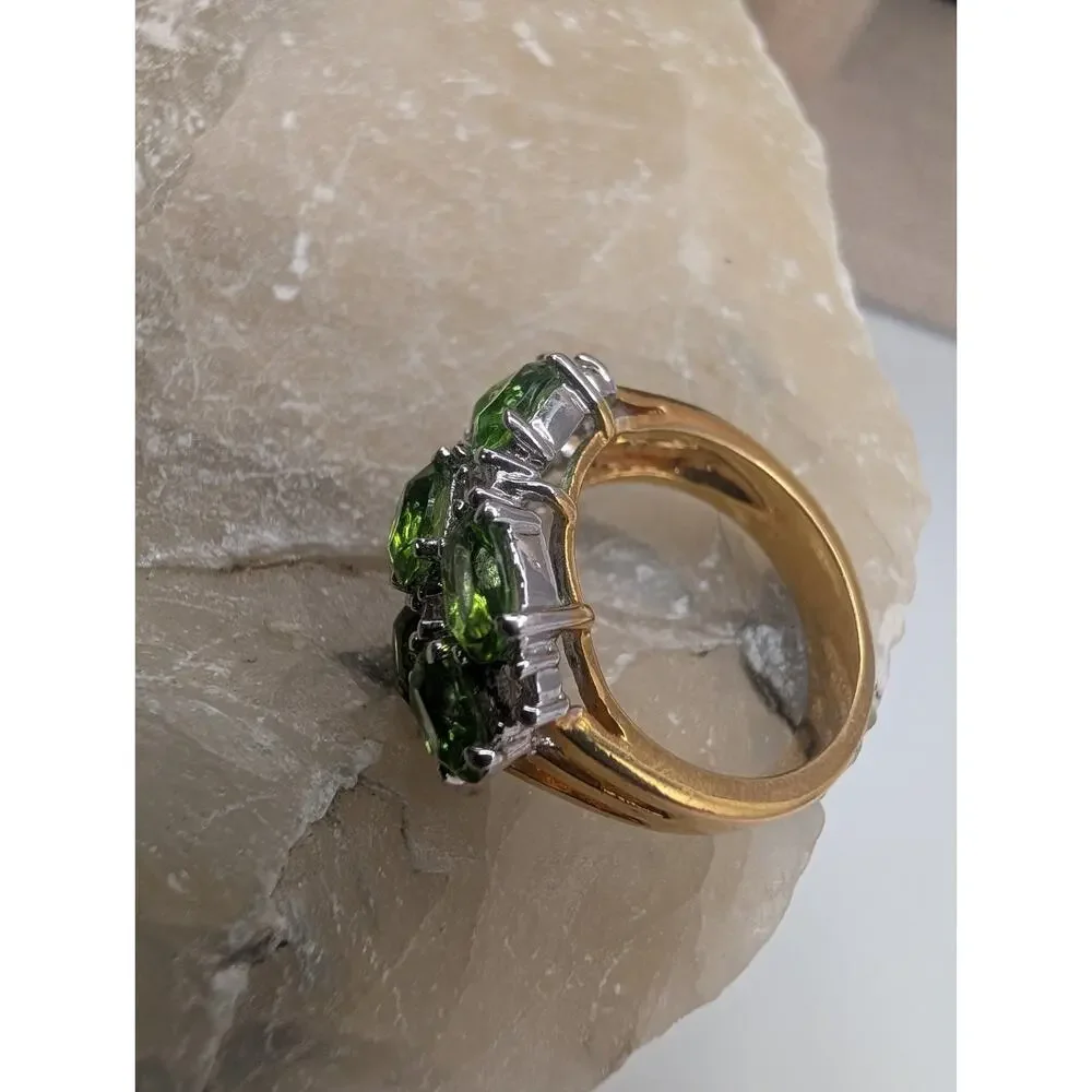 Stunning Green Peridot Cluster Ring Gold Tone & Silver Tone Fashion Jewelry sz 7